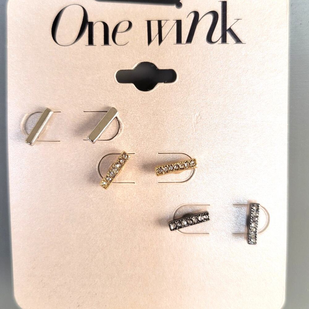 One Wink Earring Set of 3 Bar Stud Gold Silver Black Tone Crystal 10mm, Gift Bag
